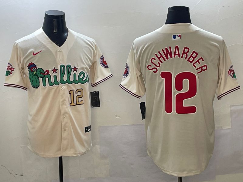 Men Philadelphia Phillies #12 Schwarber Cream Three generations Joint Name Game 2025 Nike MLB Jersey style 3
